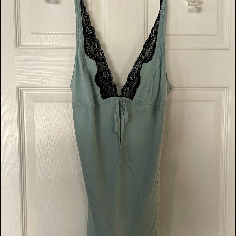 Vintage Victoria’s Secret sage green silk negligee with black lace trim, size S